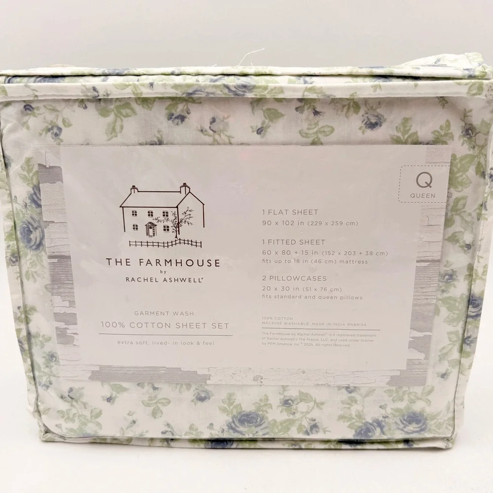 The Farmhouse Rachel Ashwell Queen Sheet Set‎ 100% Cotton Blue Floral Rose NEW